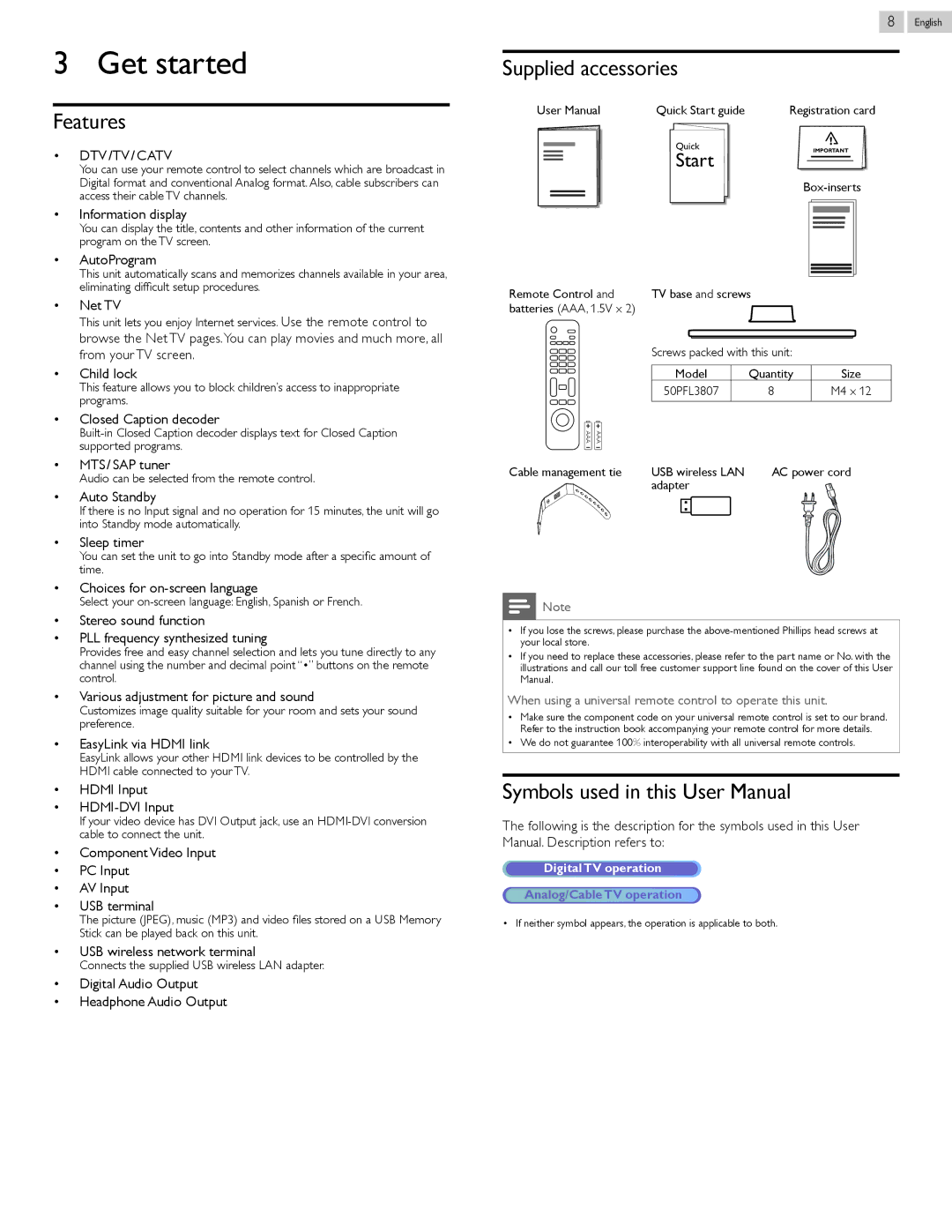 Philips 50PFL3807 user manual Get started, Features, Supplied accessories, Dtv /Tv / Catv 